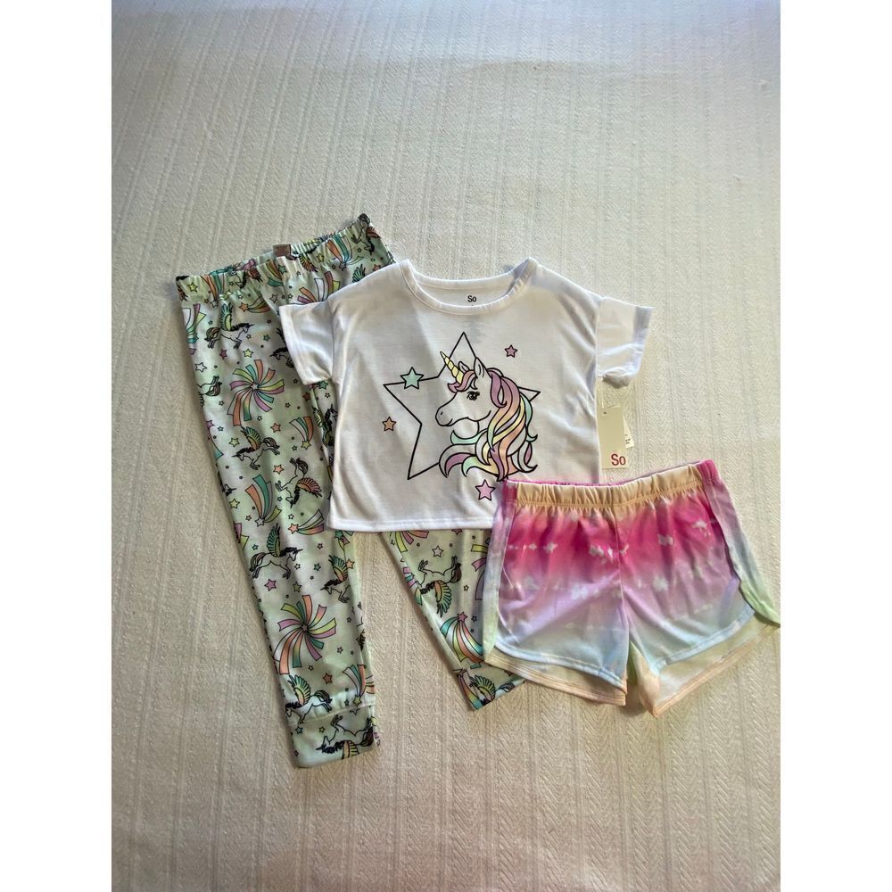 SO Girl’s Size 6 Unicorn Tee, Shorts and Jogger Pants Pajama Set